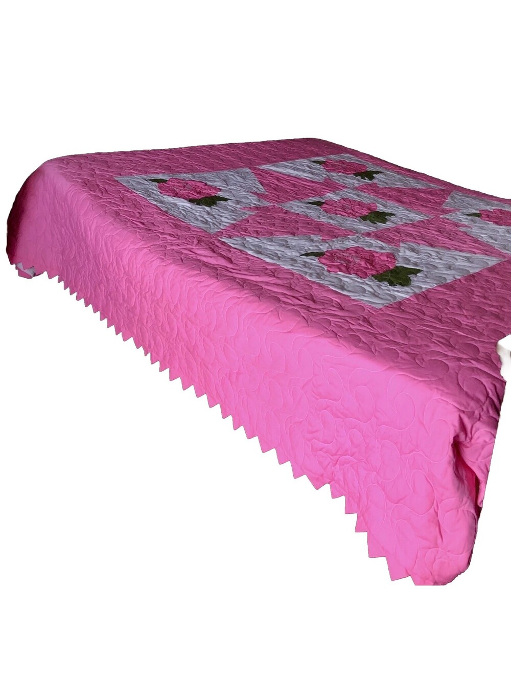 VTG Handmade Patchwork Embroidered Quiled Pink Multicolor Floral Blanket 98”x91”